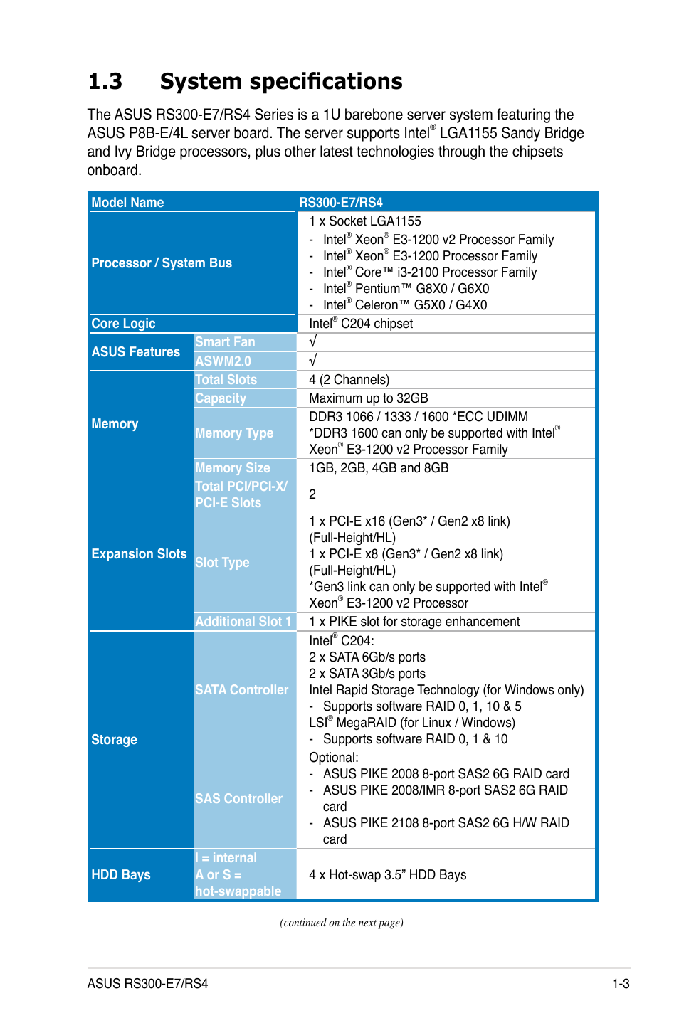 3 system specifications | Asus RS300-E7/RS4 User Manual | Page 13 / 150