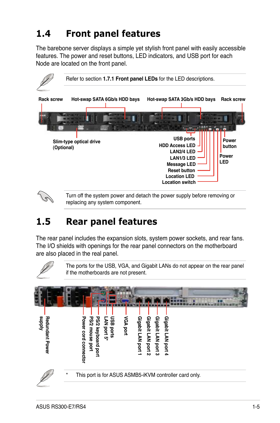 4 front panel features, 5 rear panel features | Asus RS300-E7/RS4 User Manual | Page 15 / 150