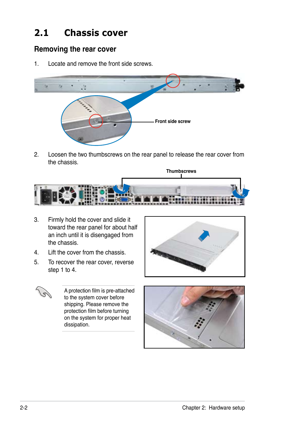 1 chassis cover, Removing the rear cover | Asus RS300-E7/RS4 User Manual | Page 20 / 150