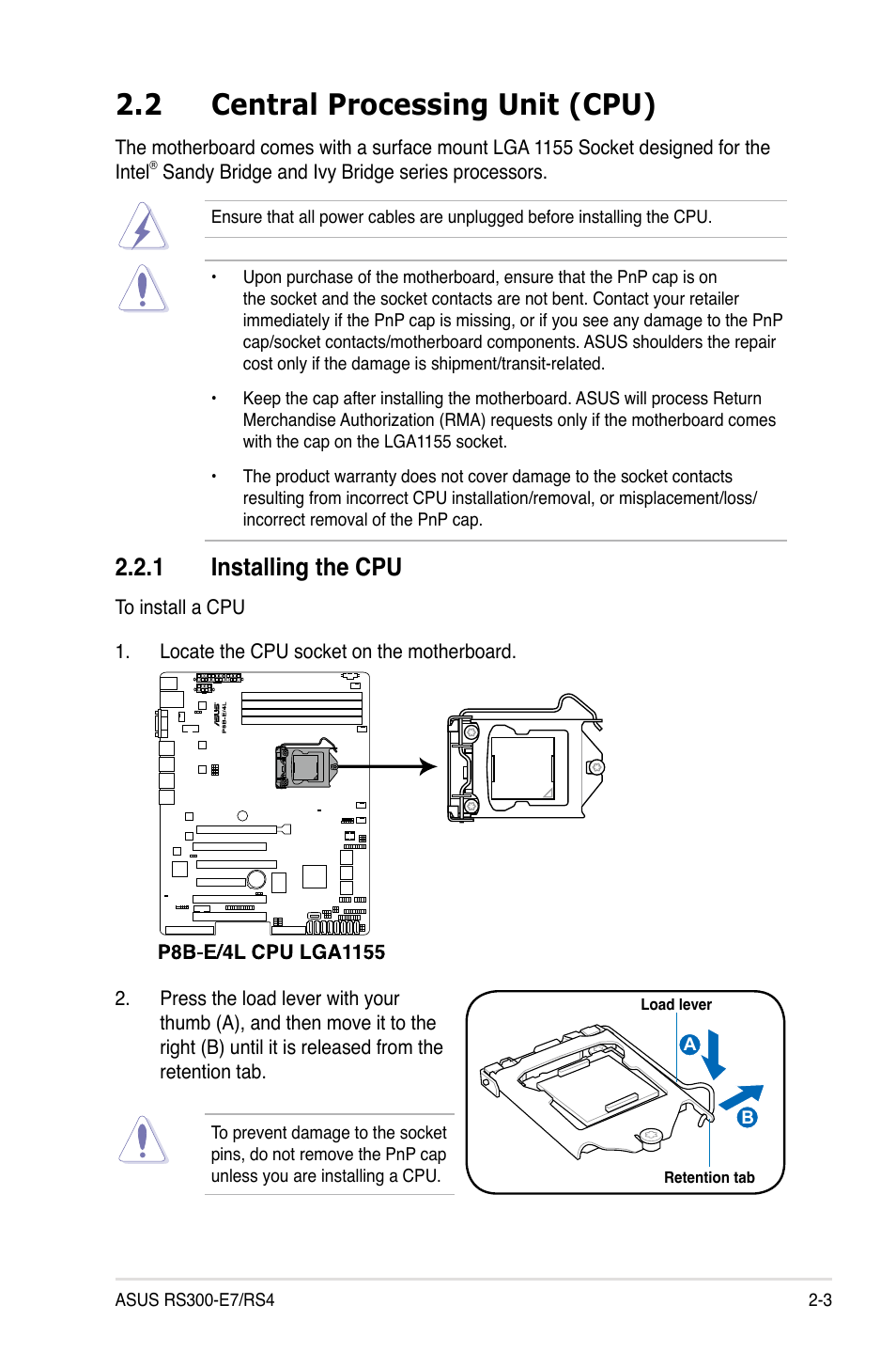 2 central processing unit (cpu), 1 installing the cpu | Asus RS300-E7/RS4 User Manual | Page 21 / 150