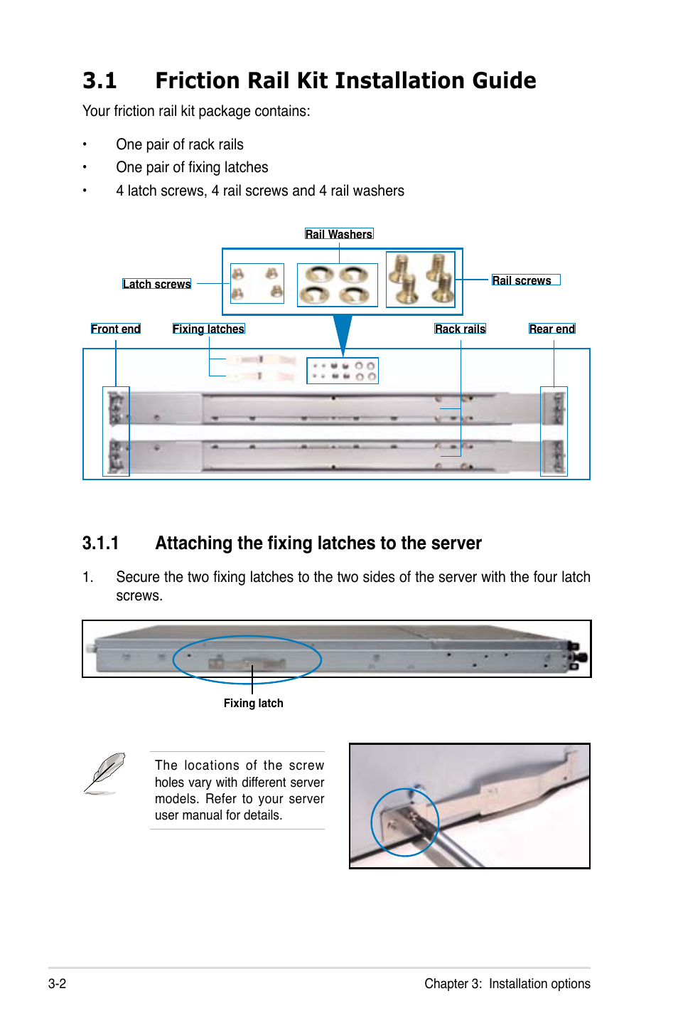 1 friction rail kit installation guide, 1 attaching the fixing latches to the server | Asus RS300-E7/RS4 User Manual | Page 40 / 150