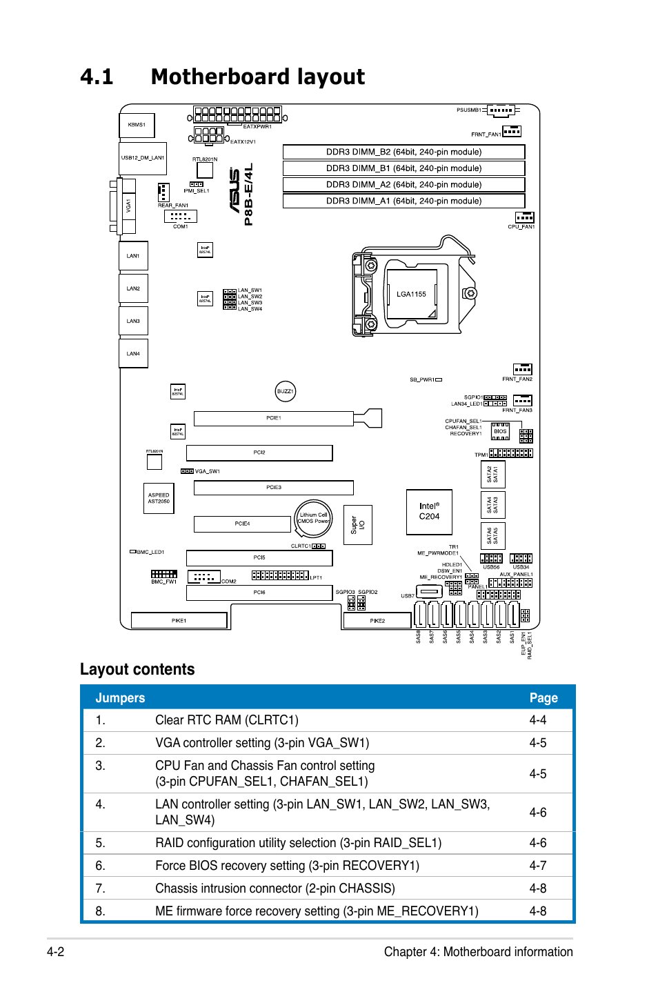 1 motherboard layout, Layout contents | Asus RS300-E7/RS4 User Manual | Page 48 / 150