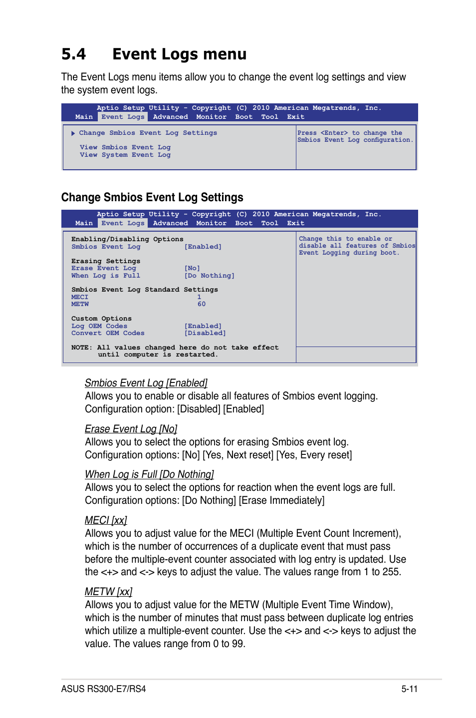 4 event logs menu, Change smbios event log settings | Asus RS300-E7/RS4 User Manual | Page 75 / 150