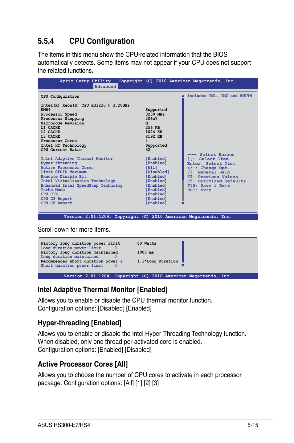 4 cpu configuration, Intel adaptive thermal monitor [enabled, Hyper-threading [enabled | Active processor cores [all | Asus RS300-E7/RS4 User Manual | Page 79 / 150