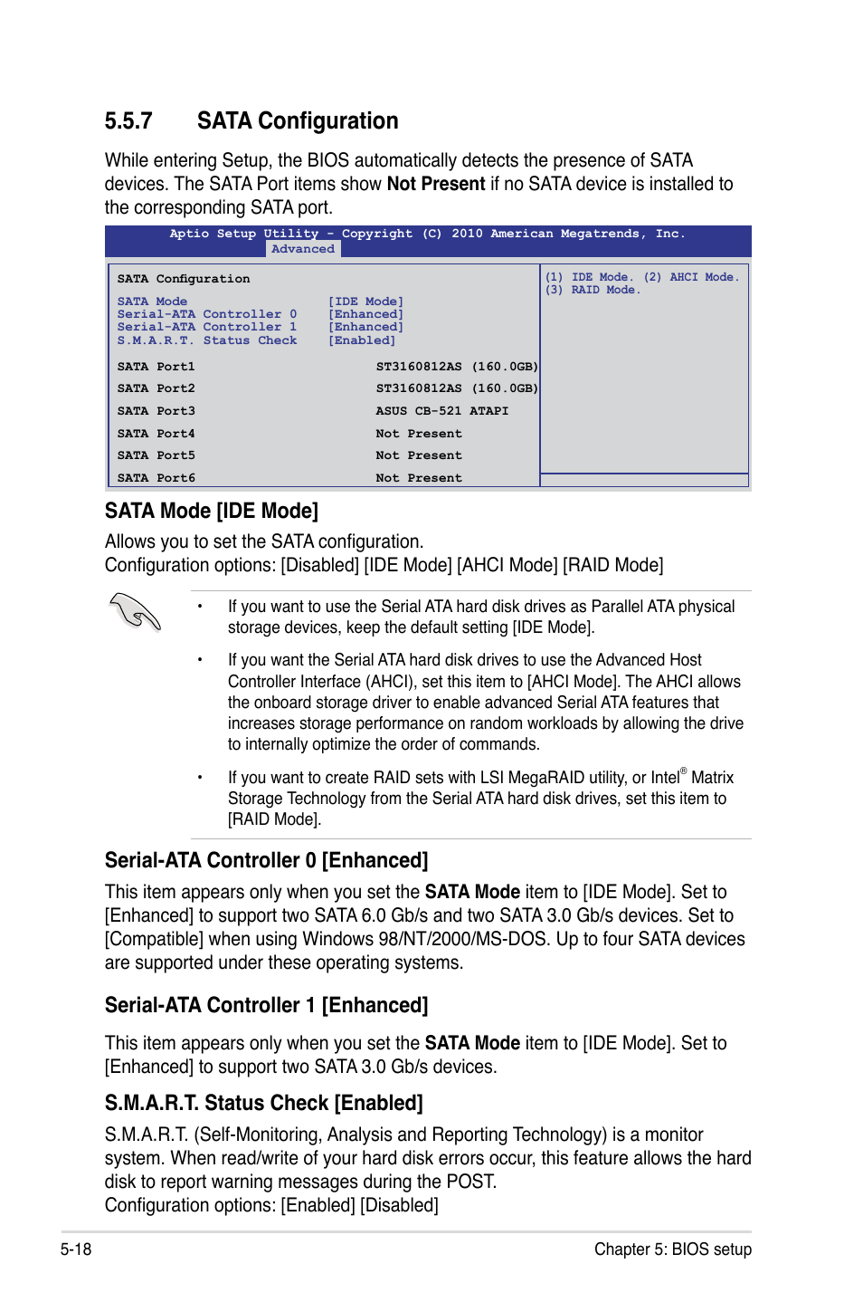 7 sata configuration, Sata mode [ide mode, Serial-ata controller 0 [enhanced | Serial-ata controller 1 [enhanced, S.m.a.r.t. status check [enabled | Asus RS300-E7/RS4 User Manual | Page 82 / 150