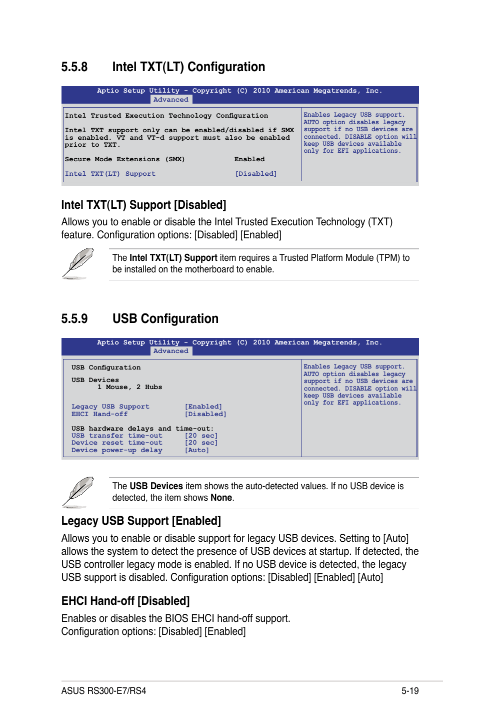 9 usb configuration, 8 intel txt(lt) configuration, Intel txt(lt) support [disabled | Legacy usb support [enabled, Ehci hand-off [disabled | Asus RS300-E7/RS4 User Manual | Page 83 / 150