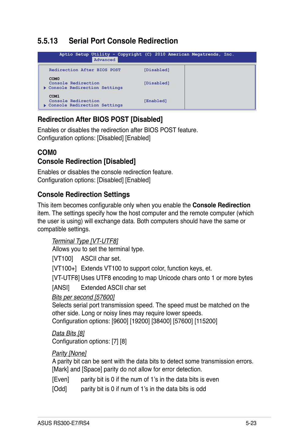 13 serial port console redirection, Redirection after bios post [disabled, Com0 console redirection [disabled | Console redirection settings | Asus RS300-E7/RS4 User Manual | Page 87 / 150