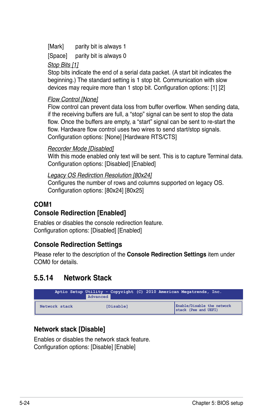 14 network stack, Network stack [disable, Com1 console redirection [enabled | Console redirection settings | Asus RS300-E7/RS4 User Manual | Page 88 / 150