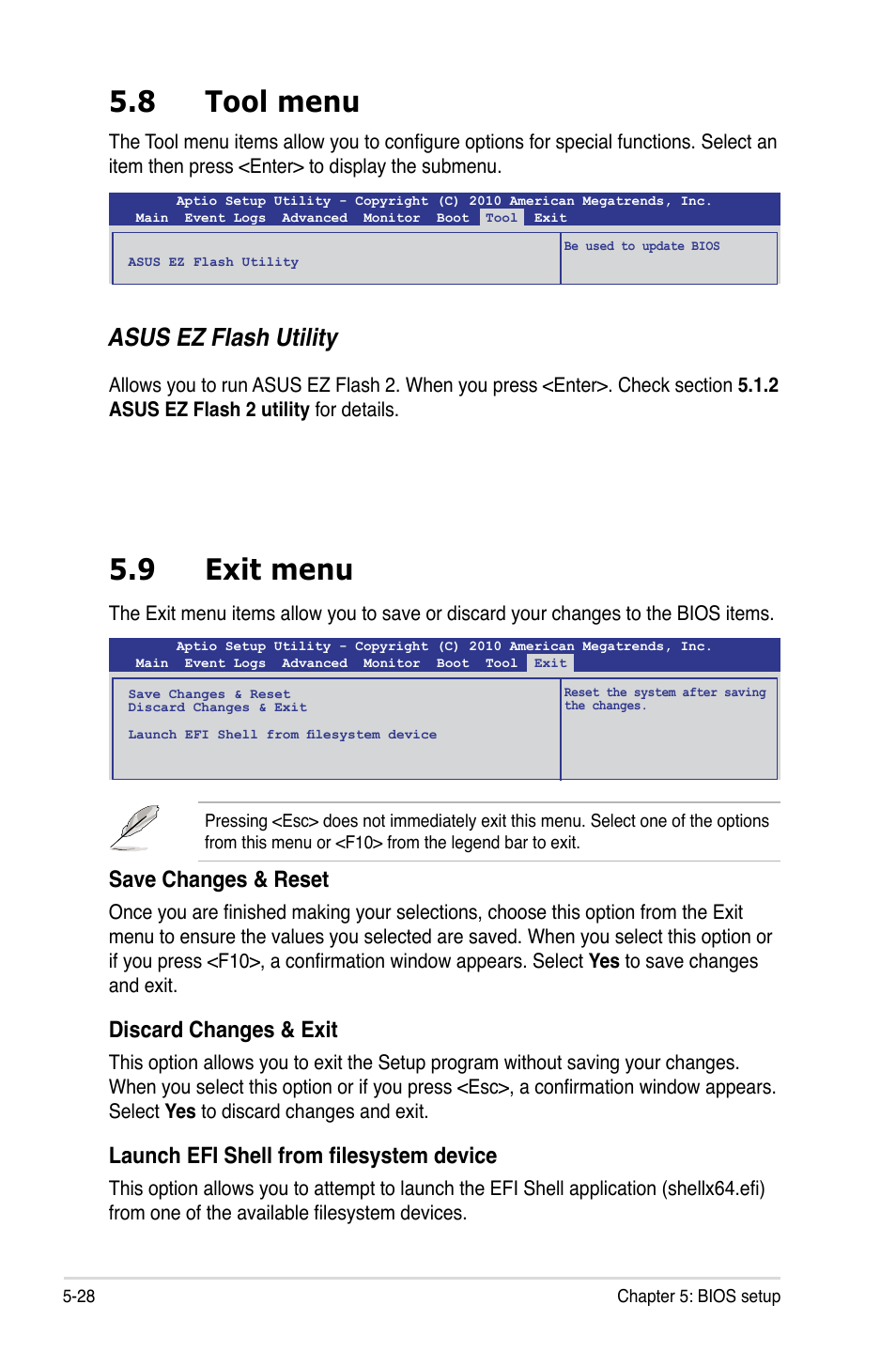 9 exit menu, 8 tool menu, Asus ez flash utility | Save changes & reset, Discard changes & exit, Launch efi shell from filesystem device | Asus RS300-E7/RS4 User Manual | Page 92 / 150
