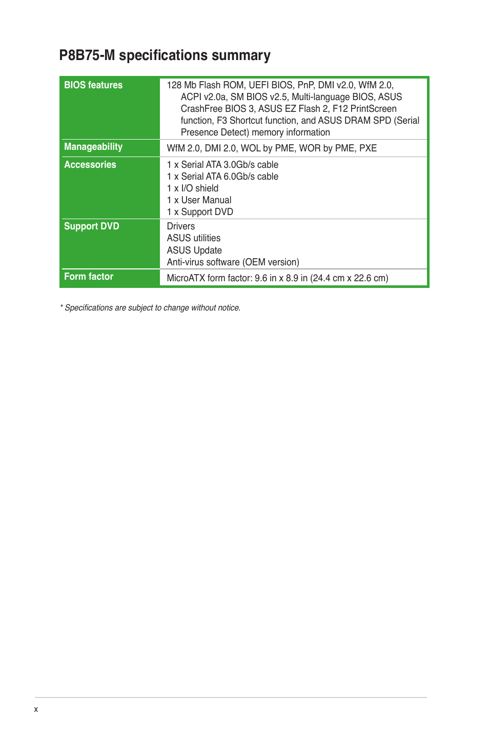 P8b75-m specifications summary | Asus P8B75-M User Manual | Page 10 / 76