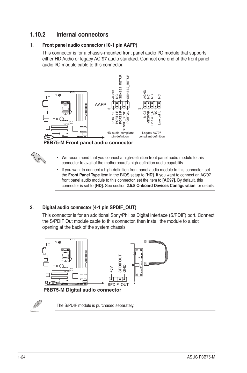 2 internal connectors, 2 internal connectors -24, P8b75-m front panel audio connector | P8b75-m digital audio connector | Asus P8B75-M User Manual | Page 34 / 76