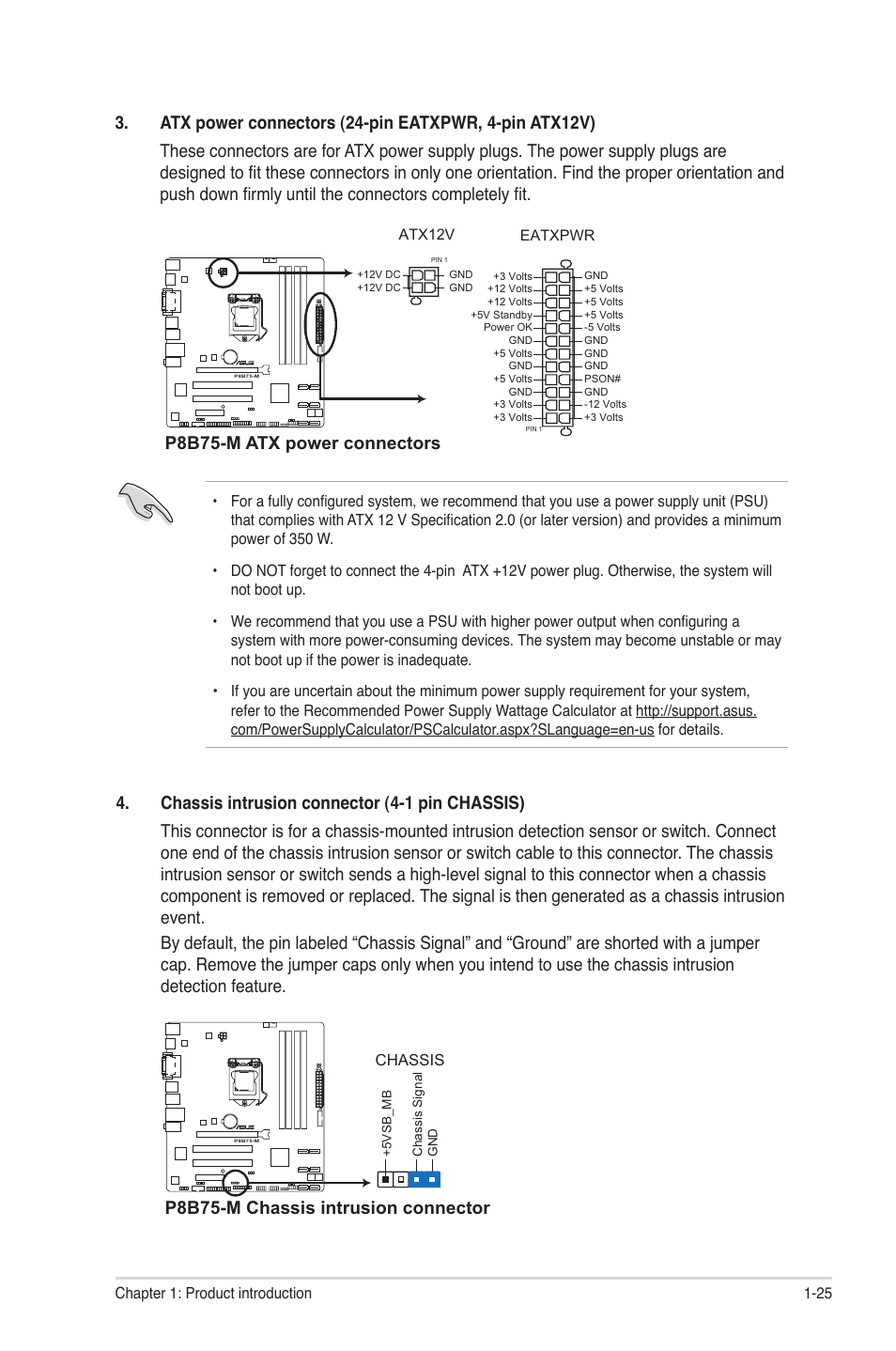 P8b75-m atx power connectors, P8b75-m chassis intrusion connector | Asus P8B75-M User Manual | Page 35 / 76