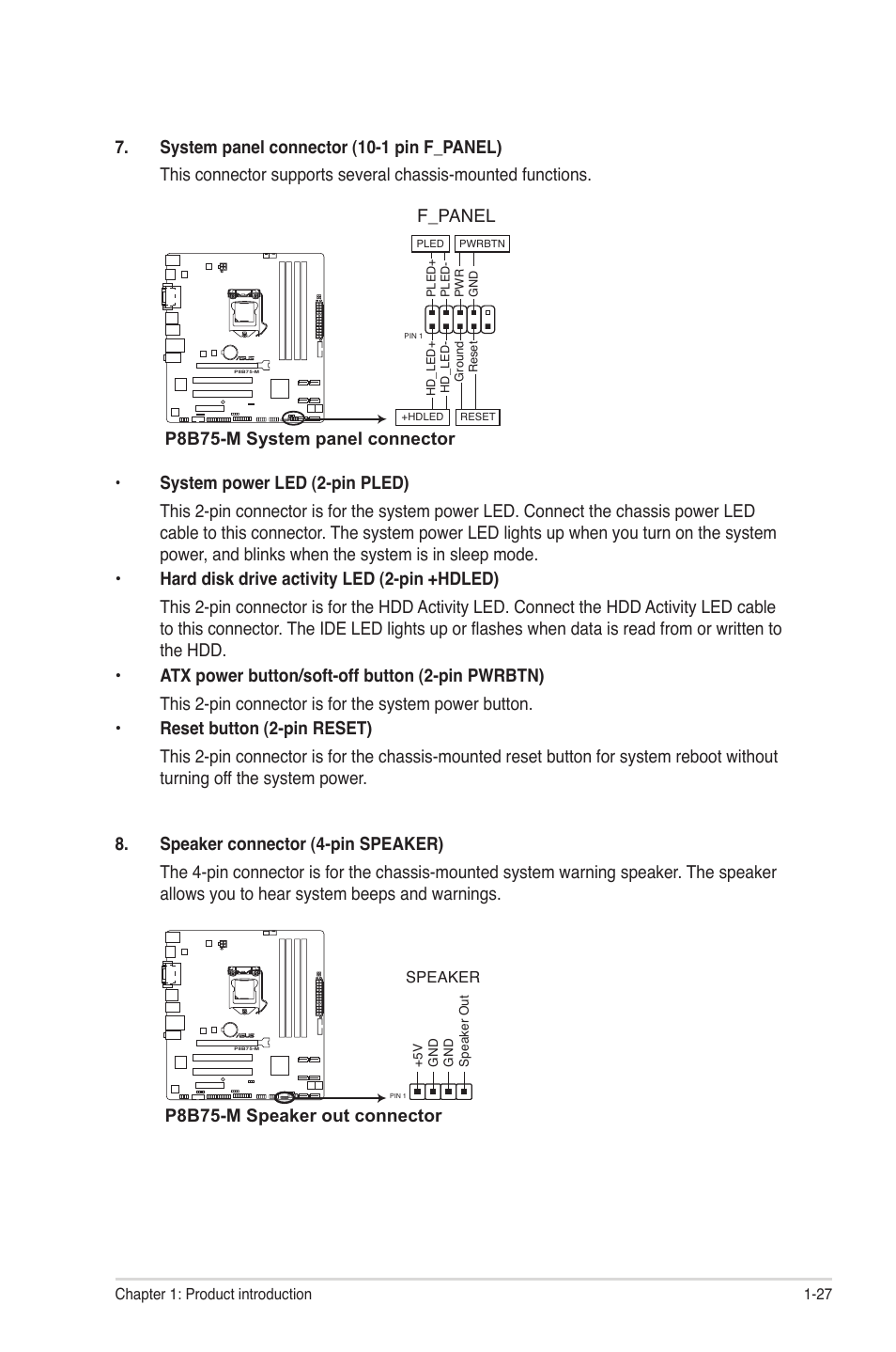 P8b75-m system panel connector, F_panel, P8b75-m speaker out connector | Asus P8B75-M User Manual | Page 37 / 76