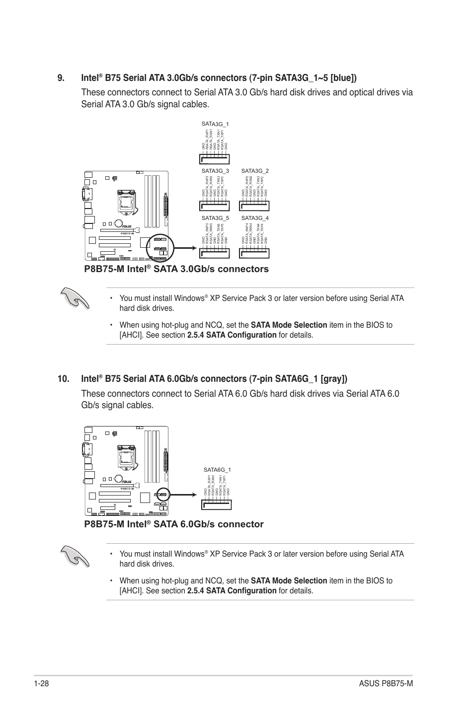 Intel, P8b75-m intel, Sata 3.0gb/s connectors | Sata 6.0gb/s connector, You must install windows, Sata3g_5, Sata3g_4, Sata3g_3, Sata3g_1, Sata3g_2 | Asus P8B75-M User Manual | Page 38 / 76