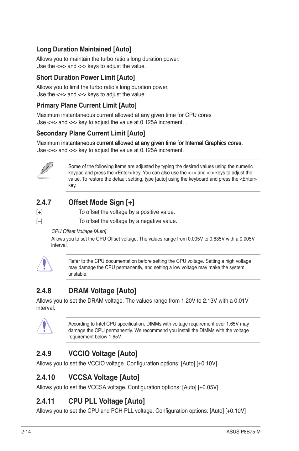 7 offset mode sign, 8 dram voltage [auto, 9 vccio voltage [auto | 10 vccsa voltage [auto, 11 cpu pll voltage [auto, Offset mode sign [+] -14, Dram voltage [auto] -14, Vccio voltage [auto] -14 | Asus P8B75-M User Manual | Page 58 / 76