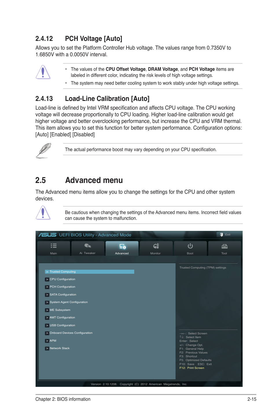 12 pch voltage [auto, 13 load-line calibration [auto, 5 advanced menu | Advanced menu -15 | Asus P8B75-M User Manual | Page 59 / 76