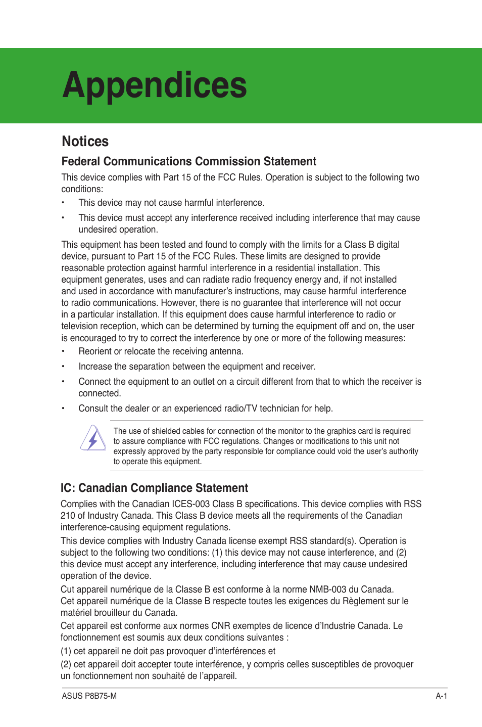 Appendices, Notices, Federal communications commission statement | Ic: canadian compliance statement | Asus P8B75-M User Manual | Page 73 / 76