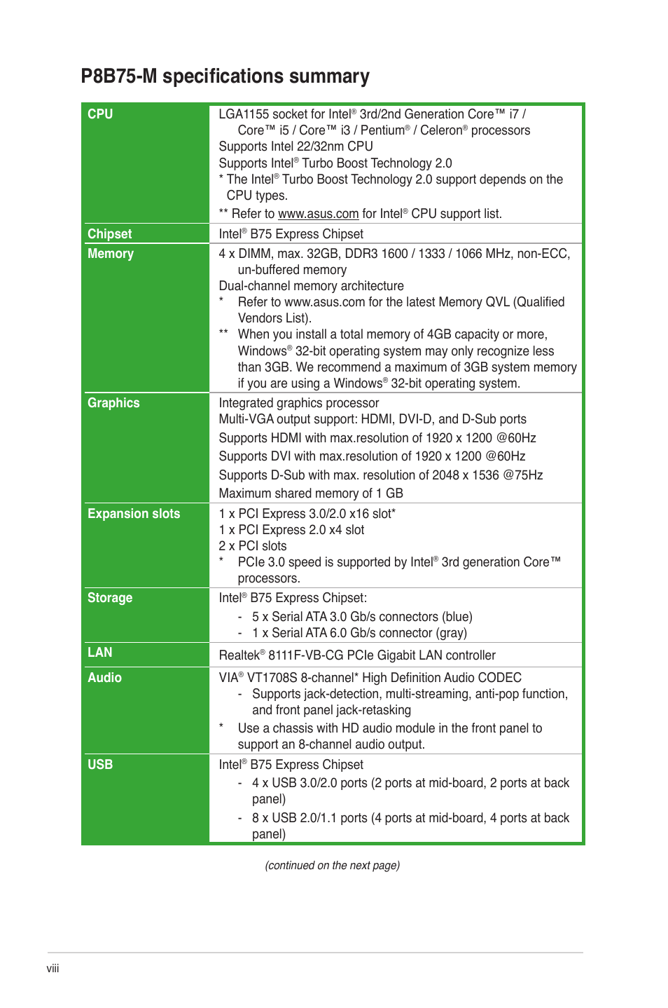 P8b75-m specifications summary | Asus P8B75-M User Manual | Page 8 / 76