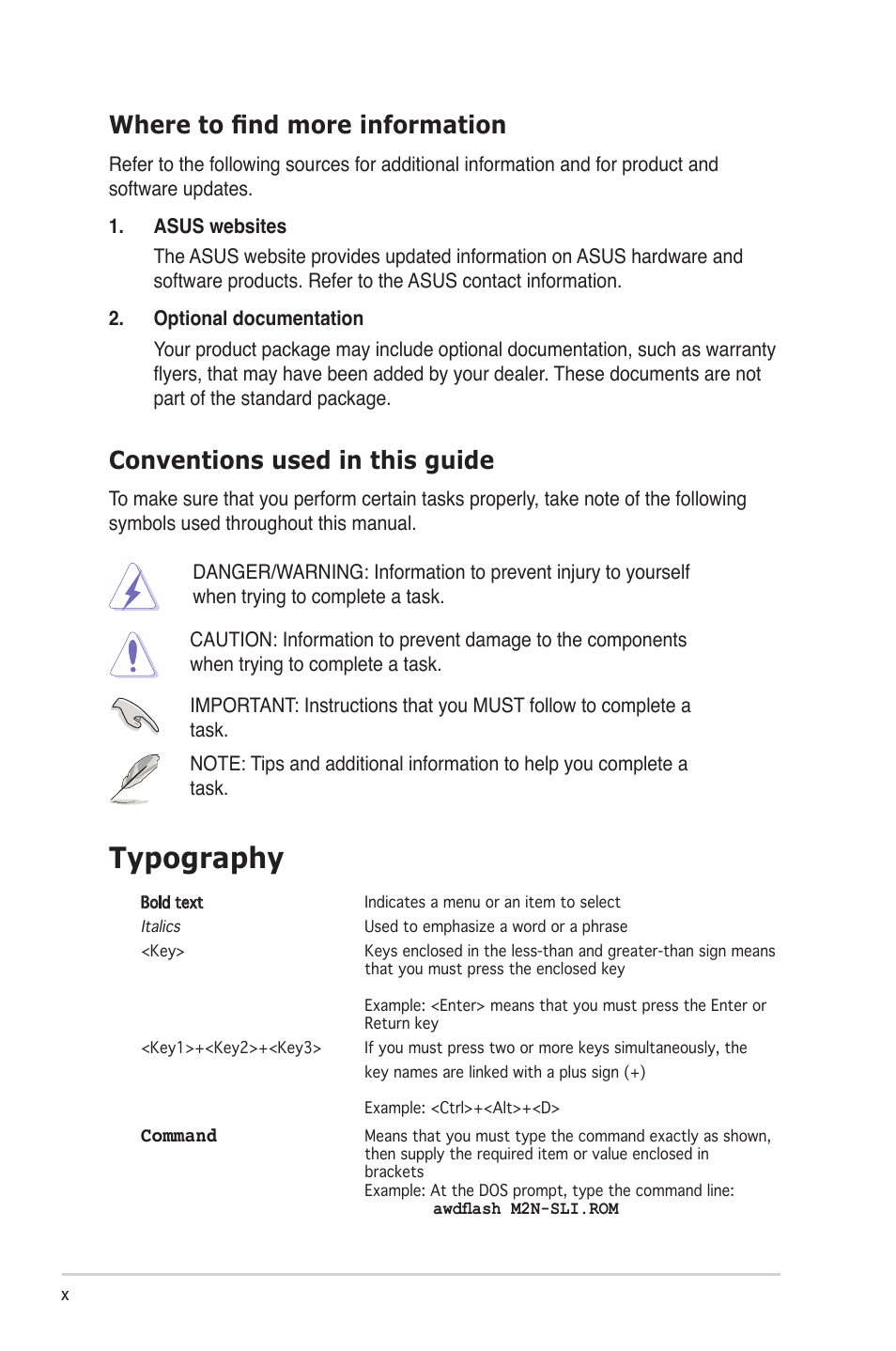 Typography, Conventions used in this guide, Where to find more information | Asus M2N-SLI User Manual | Page 10 / 146