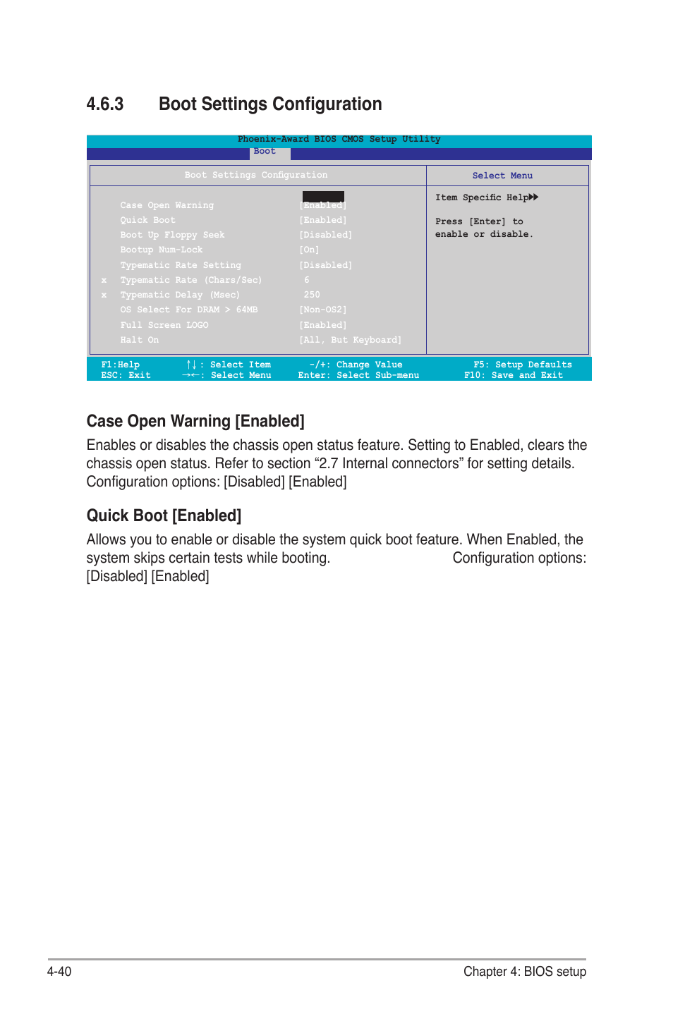 3 boot settings configuration, Case open warning [enabled, Quick boot [enabled | Asus M2N-SLI User Manual | Page 100 / 146