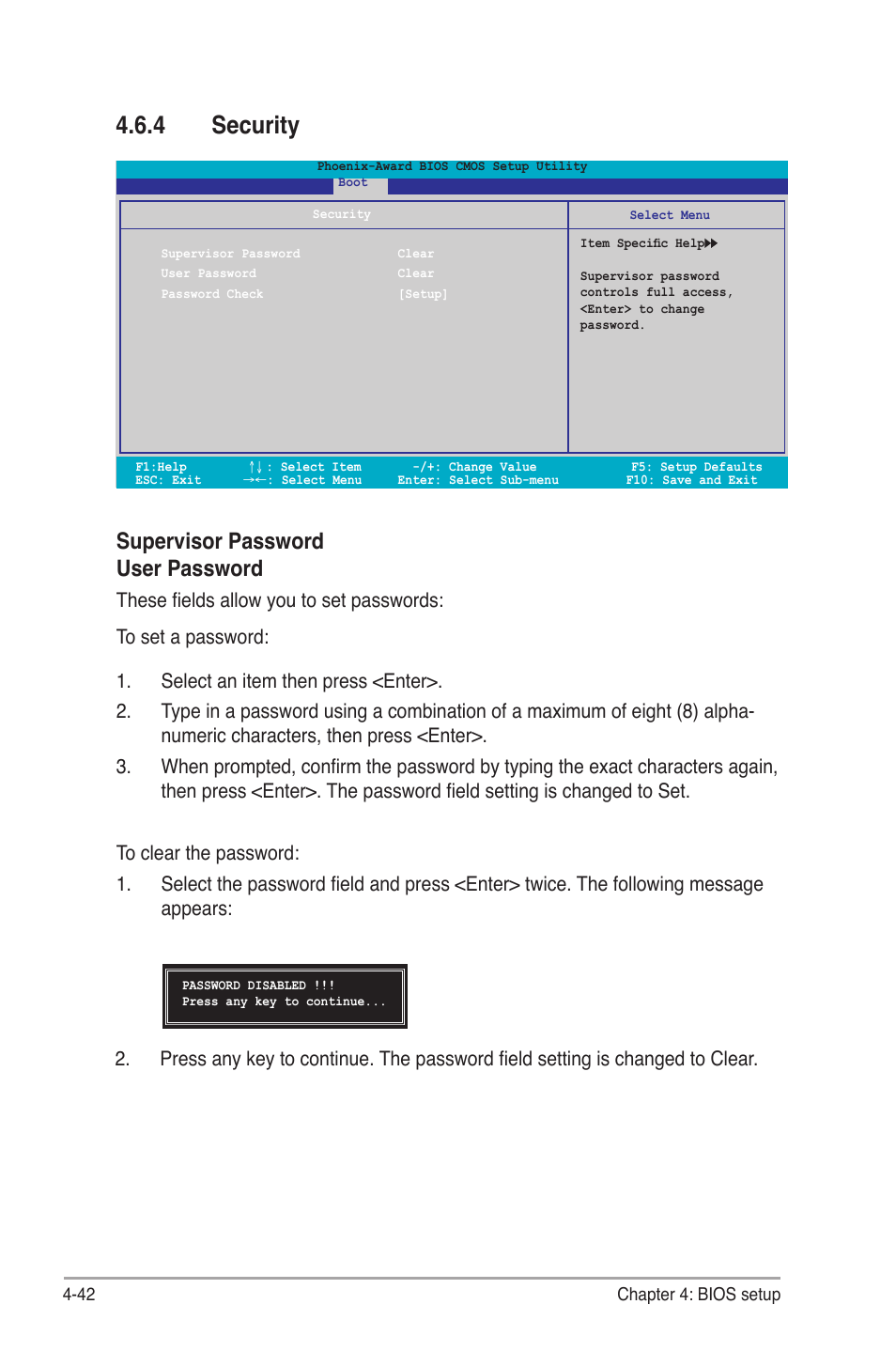 4 security, Supervisor password user password | Asus M2N-SLI User Manual | Page 102 / 146