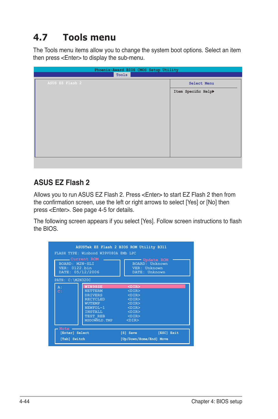 7 tools menu, Asus ez flash 2 | Asus M2N-SLI User Manual | Page 104 / 146