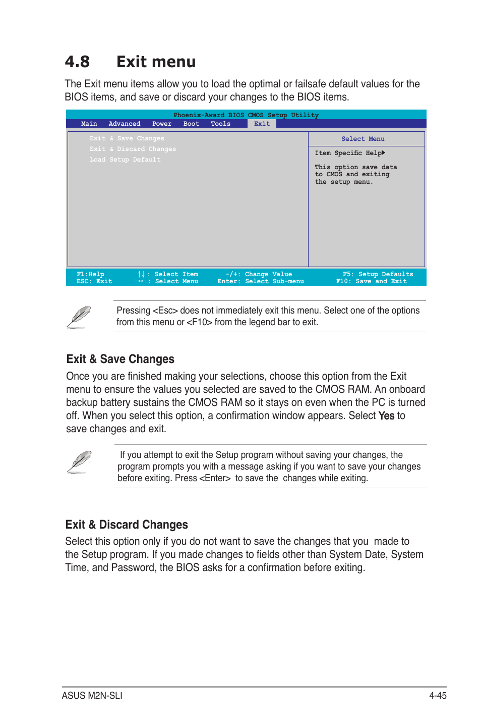 8 exit menu, Exit & save changes, Exit & discard changes | Asus M2N-SLI User Manual | Page 105 / 146