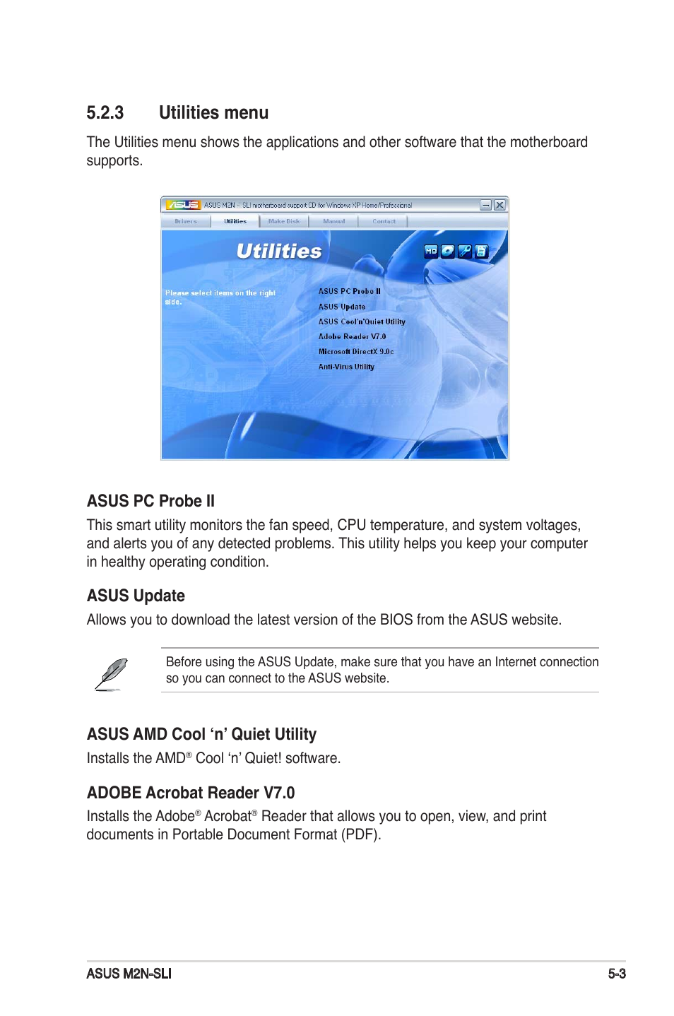 3 utilities menu, Asus pc probe ii, Asus update | Asus amd cool ‘n’ quiet utility, Adobe acrobat reader v7.0 | Asus M2N-SLI User Manual | Page 111 / 146