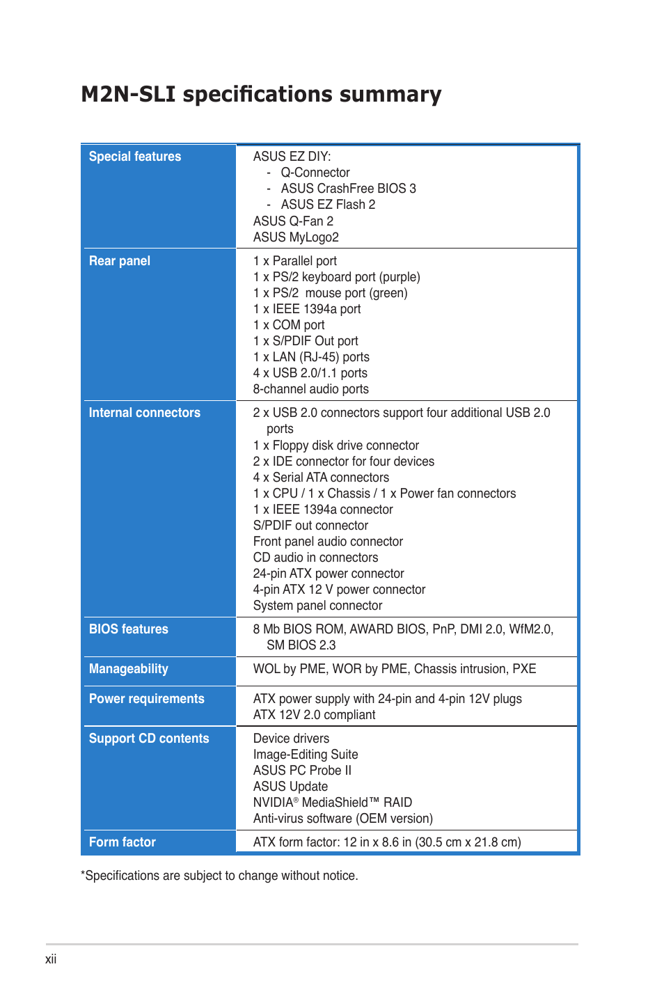 M2n-sli specifications summary | Asus M2N-SLI User Manual | Page 12 / 146