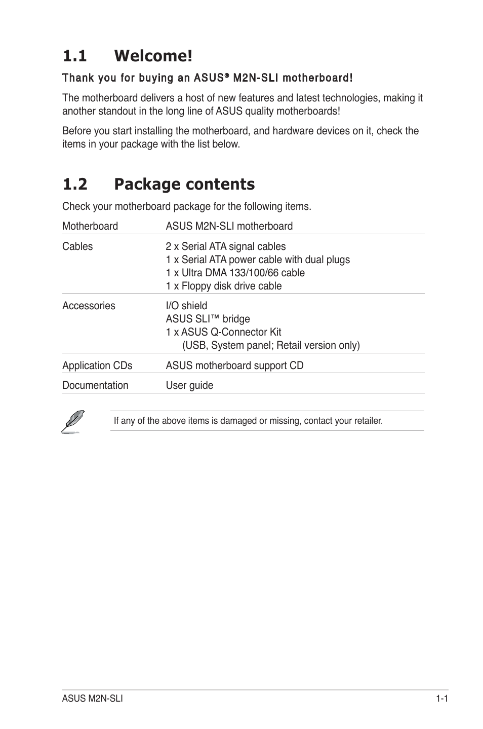 1 welcome, 2 package contents | Asus M2N-SLI User Manual | Page 15 / 146