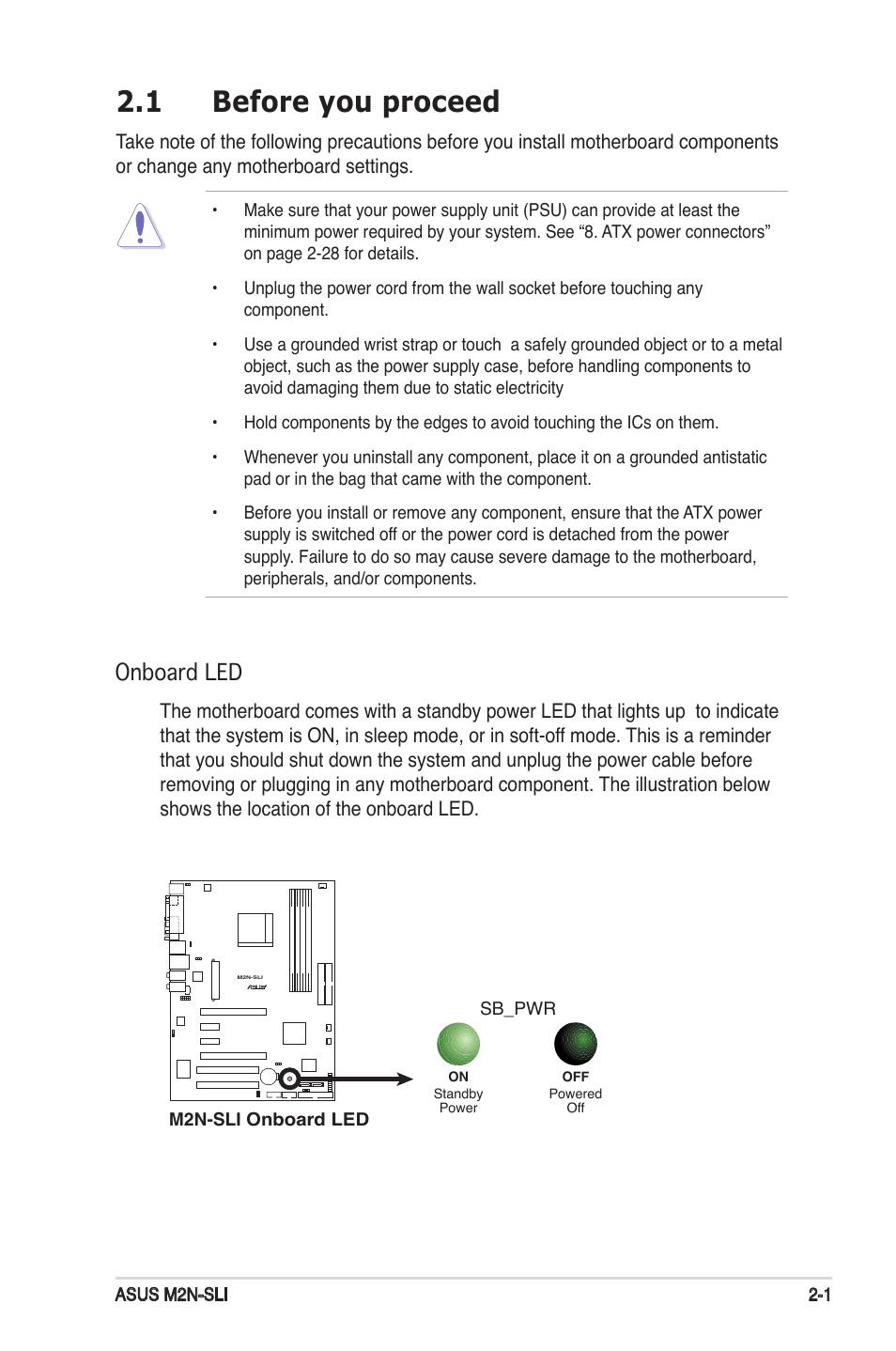 1 before you proceed, Onboard led | Asus M2N-SLI User Manual | Page 21 / 146