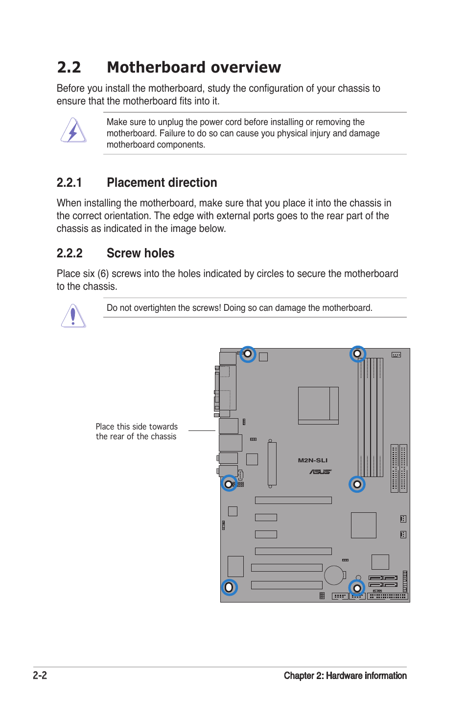 2 motherboard overview, 1 placement direction, 2 screw holes | Asus M2N-SLI User Manual | Page 22 / 146