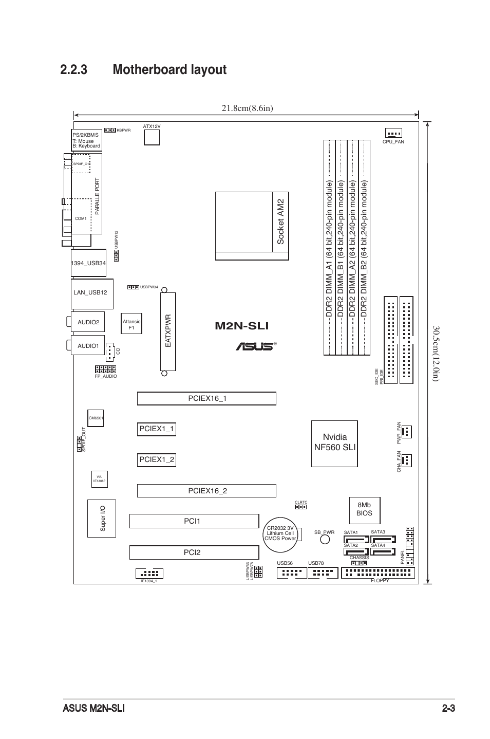 3 motherboard layout, Asus m2n-sli 2-3, M2n-sli | Socke ta m2, Nvidia nf560 sli | Asus M2N-SLI User Manual | Page 23 / 146