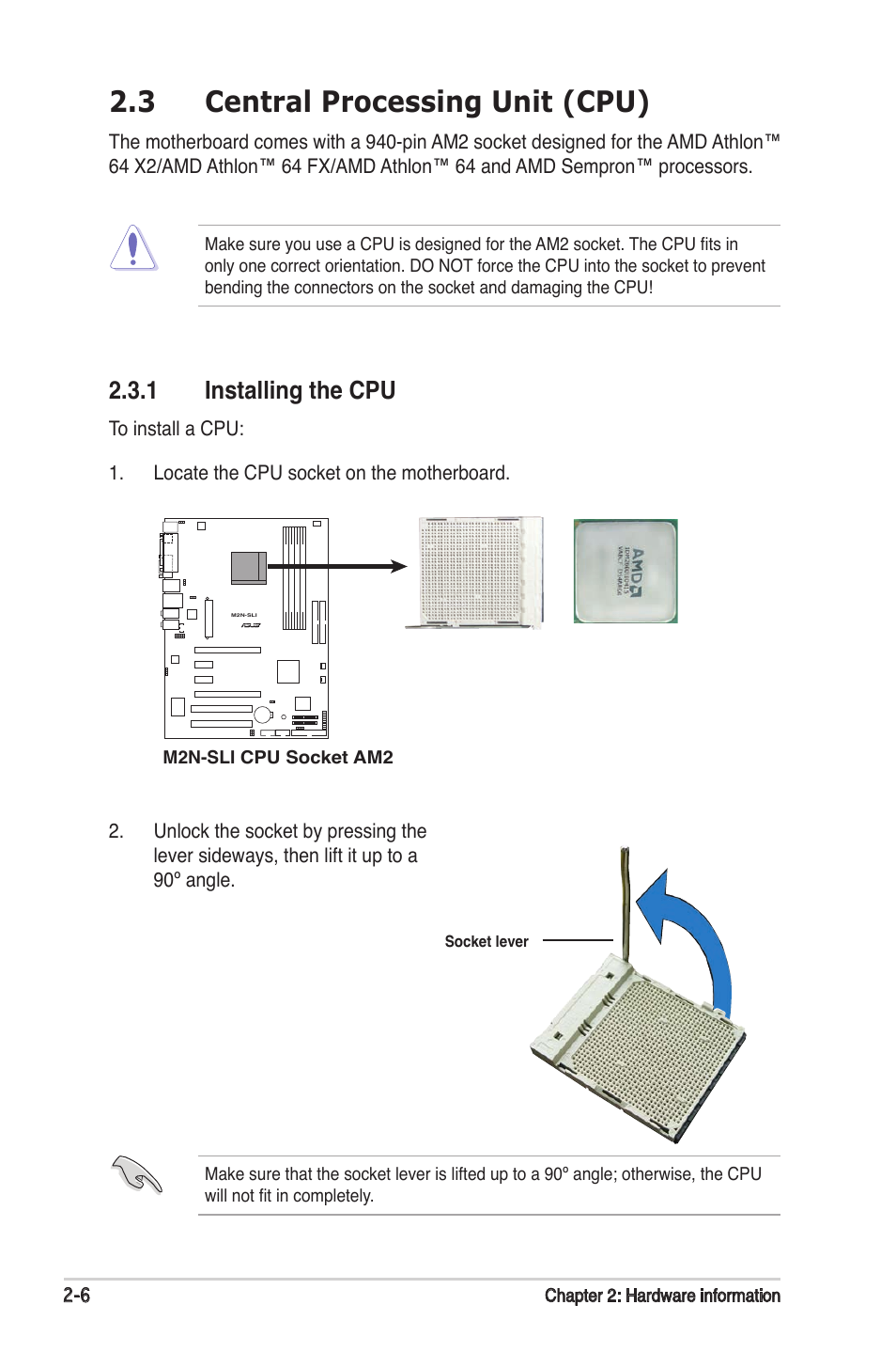 3 central processing unit (cpu), 1 installing the cpu | Asus M2N-SLI User Manual | Page 26 / 146