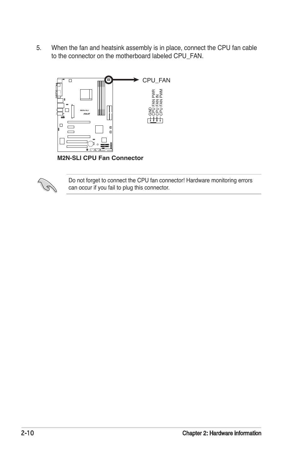 10 chapter 2: hardware information, M2n-sli cpu fan connector cpu_fan | Asus M2N-SLI User Manual | Page 30 / 146