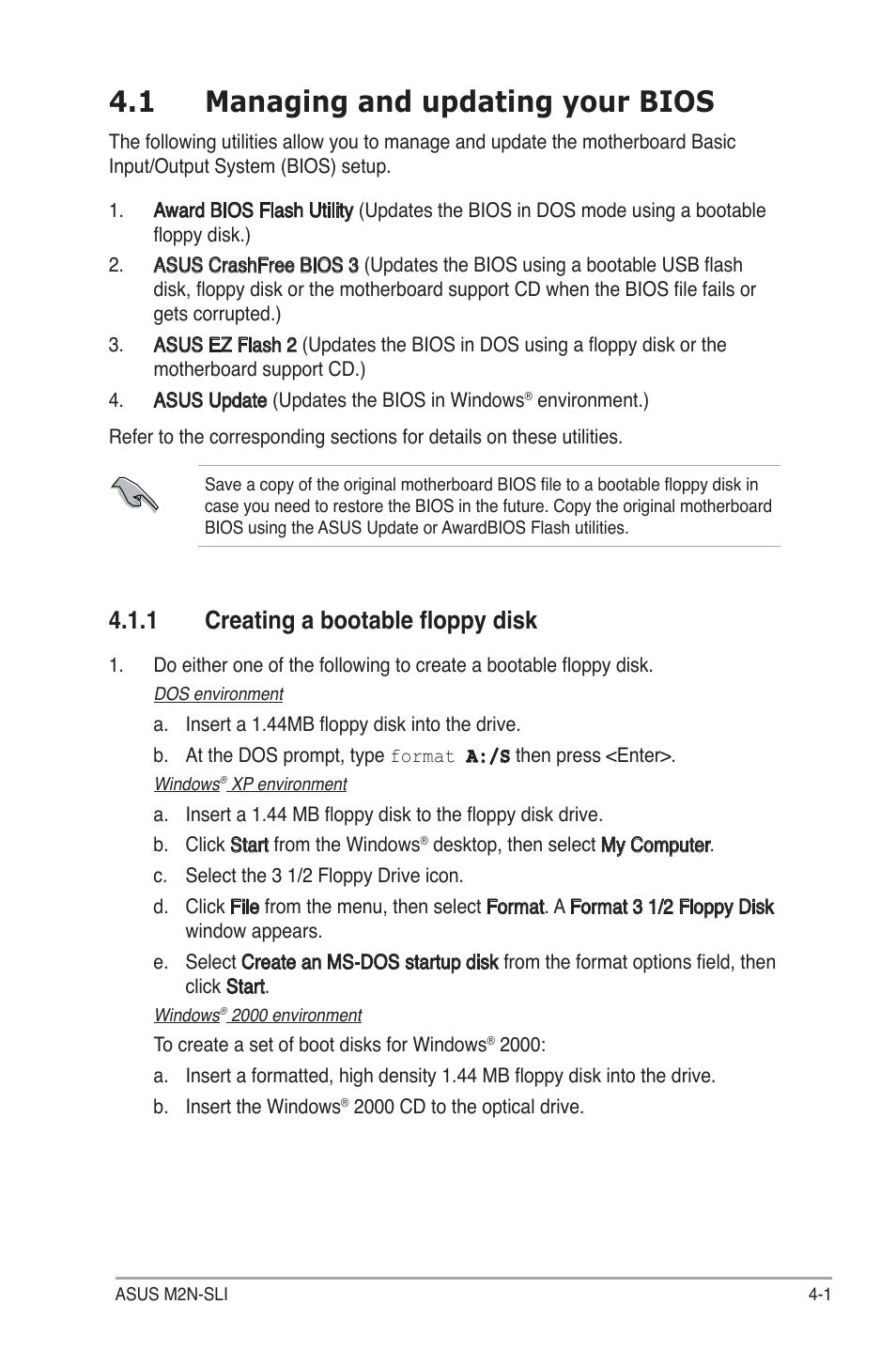 1 managing and updating your bios, 1 creating a bootable floppy disk | Asus M2N-SLI User Manual | Page 61 / 146