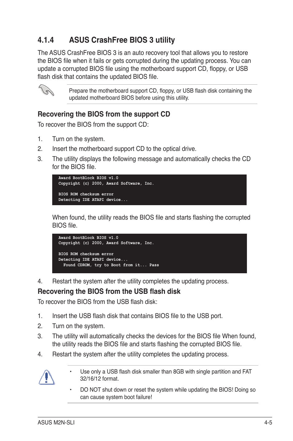 4 asus crashfree bios 3 utility, Recovering the bios from the support cd, Recovering the bios from the usb flash disk | Asus M2N-SLI User Manual | Page 65 / 146