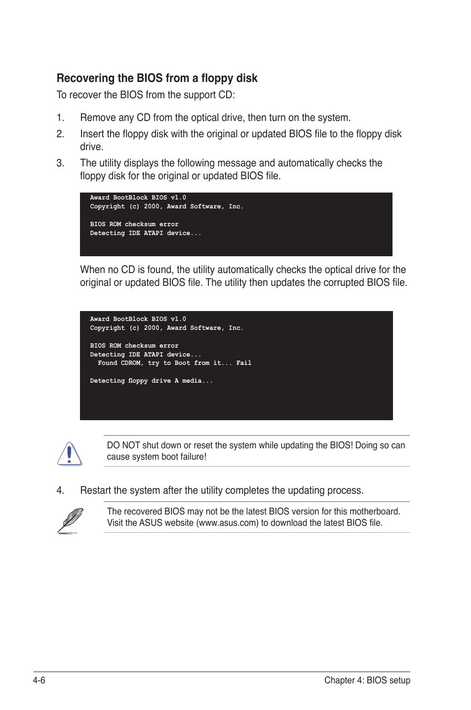 Recovering the bios from a floppy disk | Asus M2N-SLI User Manual | Page 66 / 146