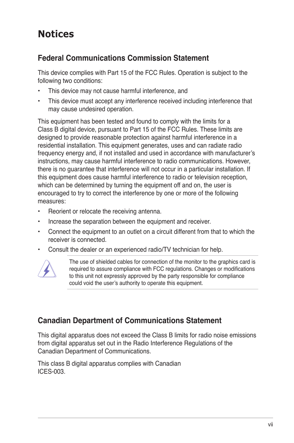 Notices, Federal communications commission statement, Canadian department of communications statement | Asus M2N-SLI User Manual | Page 7 / 146