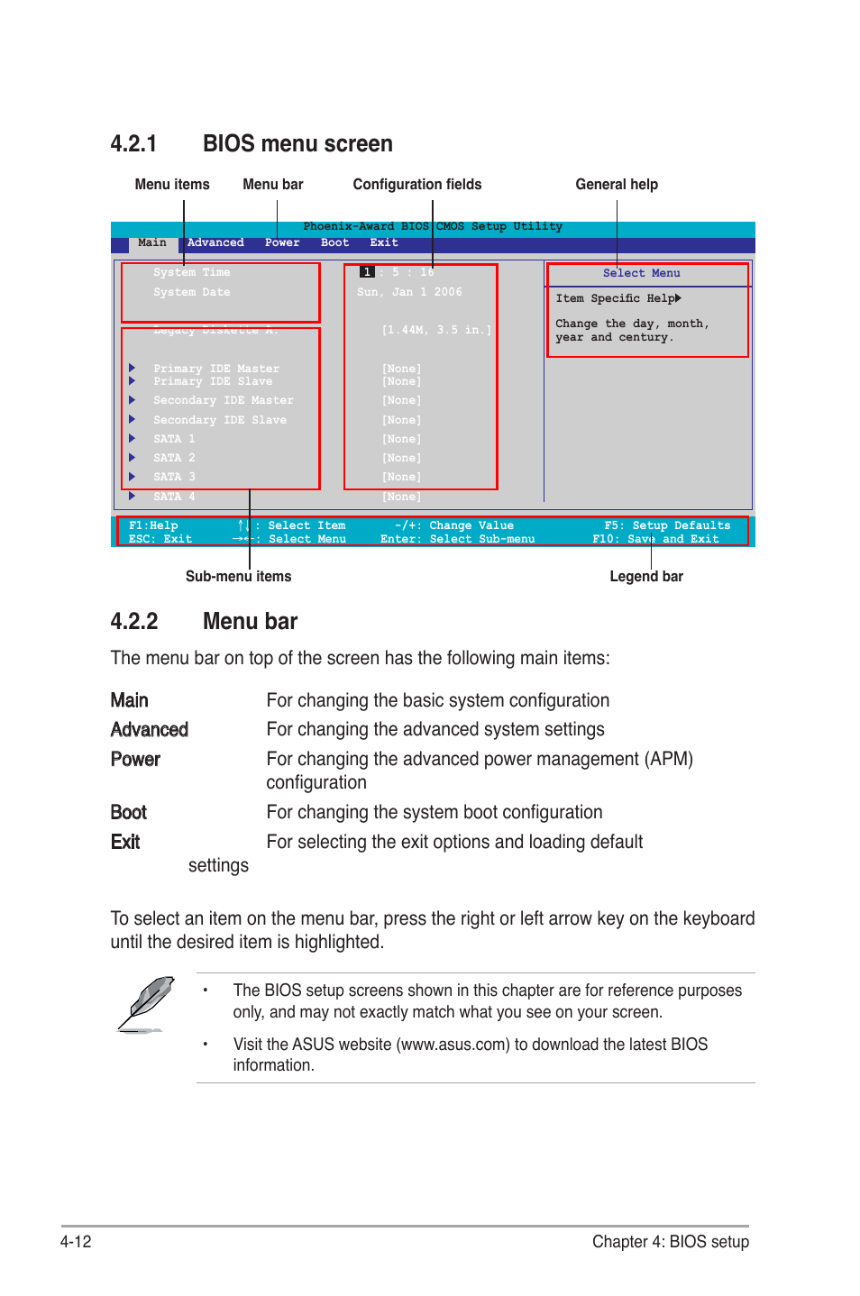 2 menu bar, 1 bios menu screen | Asus M2N-SLI User Manual | Page 72 / 146