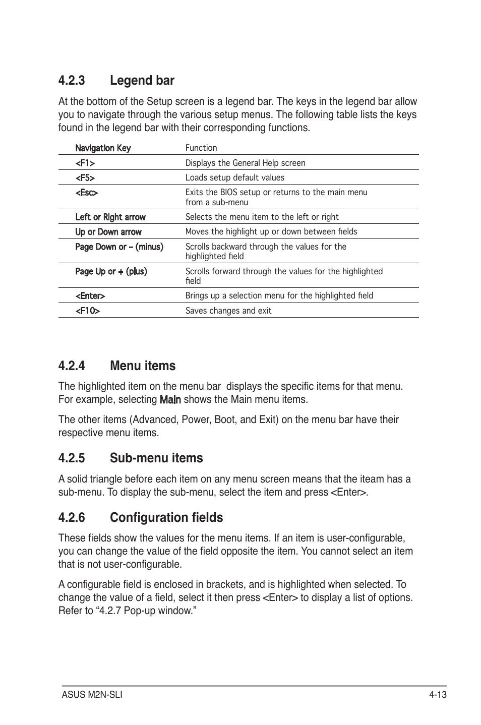 4 menu items, 5 sub-menu items, 6 configuration fields | 3 legend bar | Asus M2N-SLI User Manual | Page 73 / 146