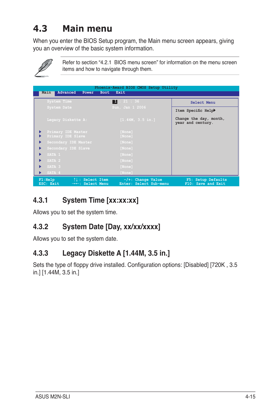 3 main menu, 1 system time [xx:xx:xx, Allows you to set the system time | Allows you to set the system date | Asus M2N-SLI User Manual | Page 75 / 146