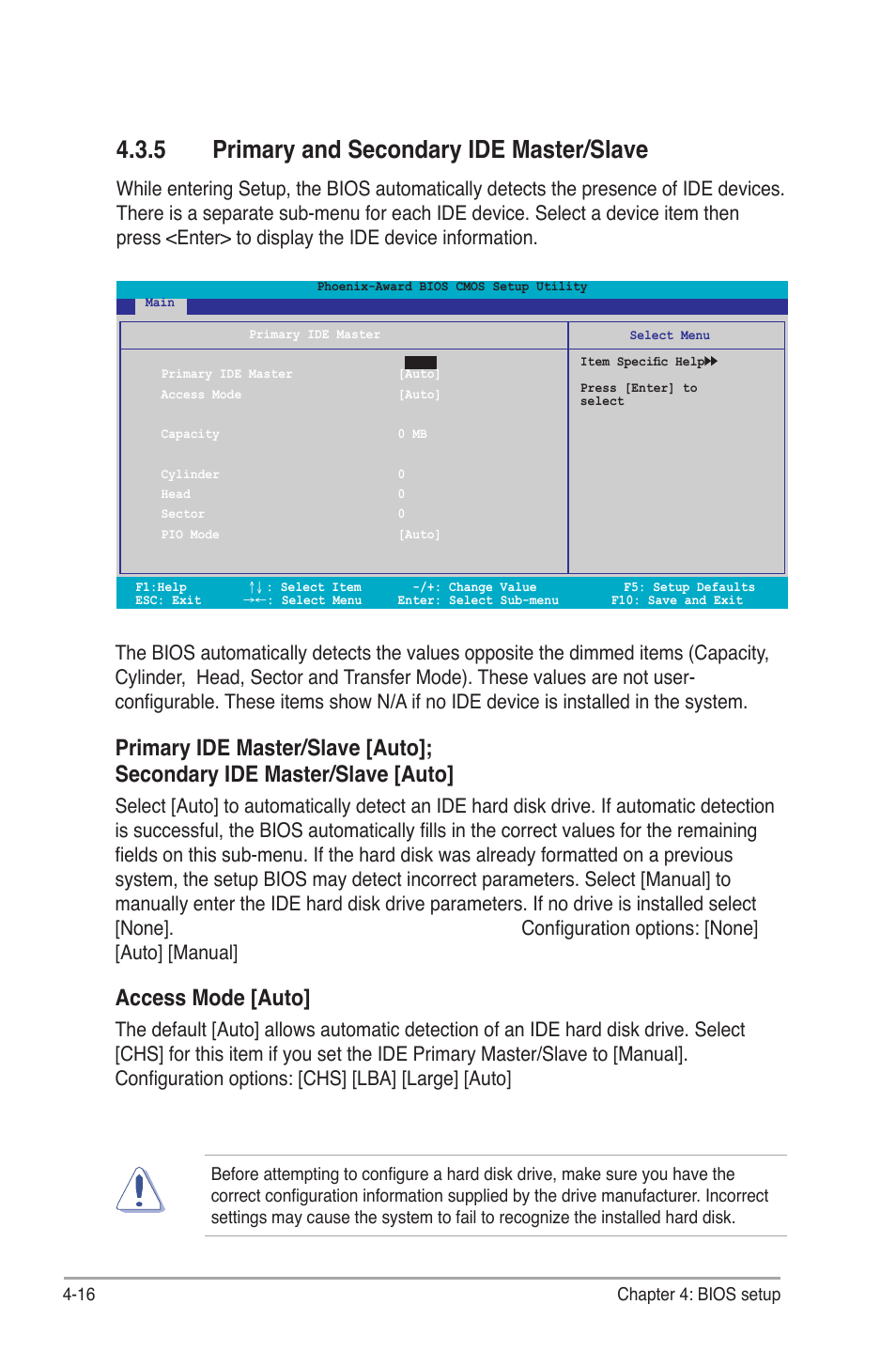 5 primary and secondary ide master/slave, Access mode [auto | Asus M2N-SLI User Manual | Page 76 / 146