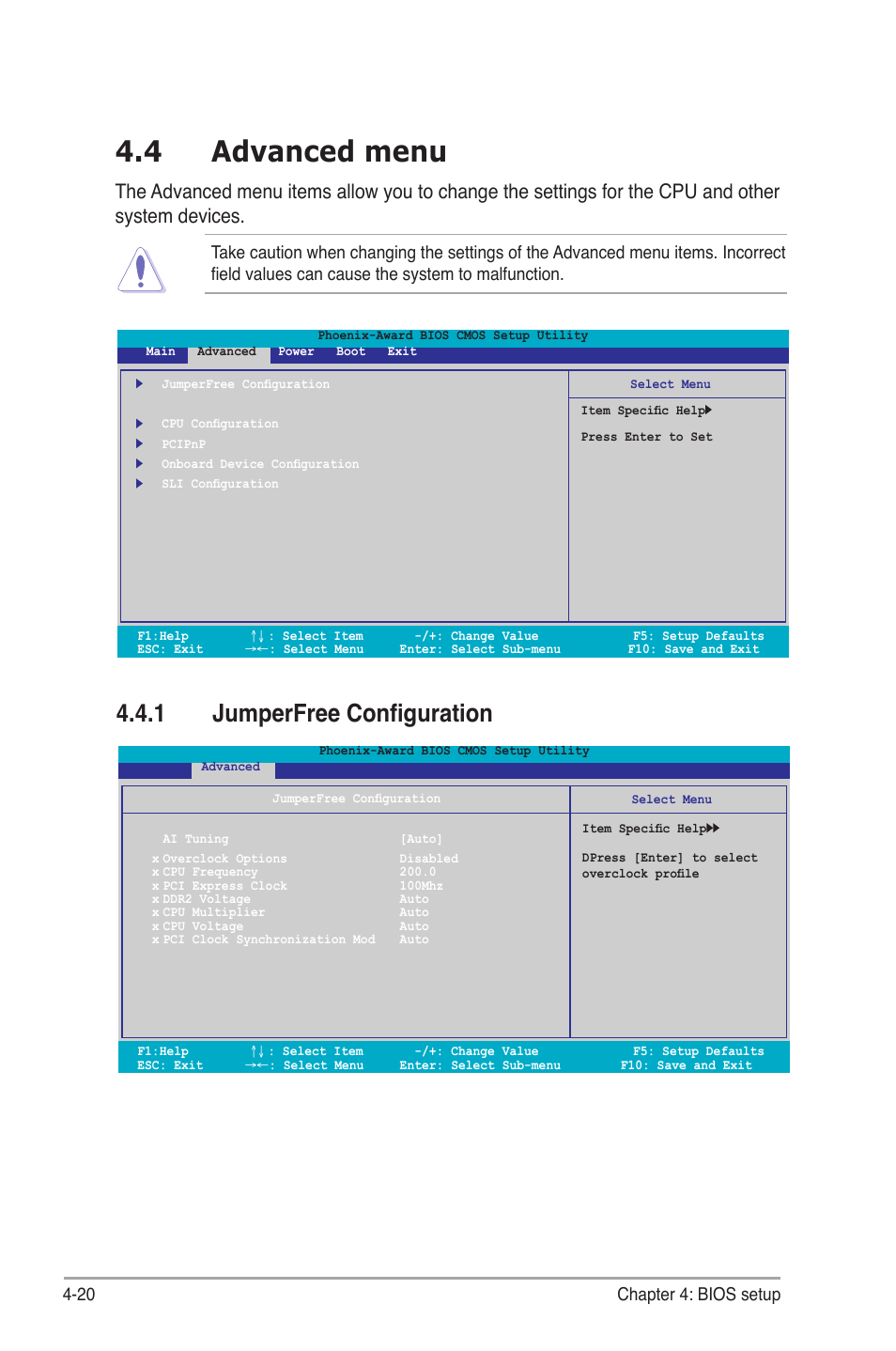 4 advanced menu, 1 jumperfree configuration, 20 chapter 4: bios setup | Asus M2N-SLI User Manual | Page 80 / 146