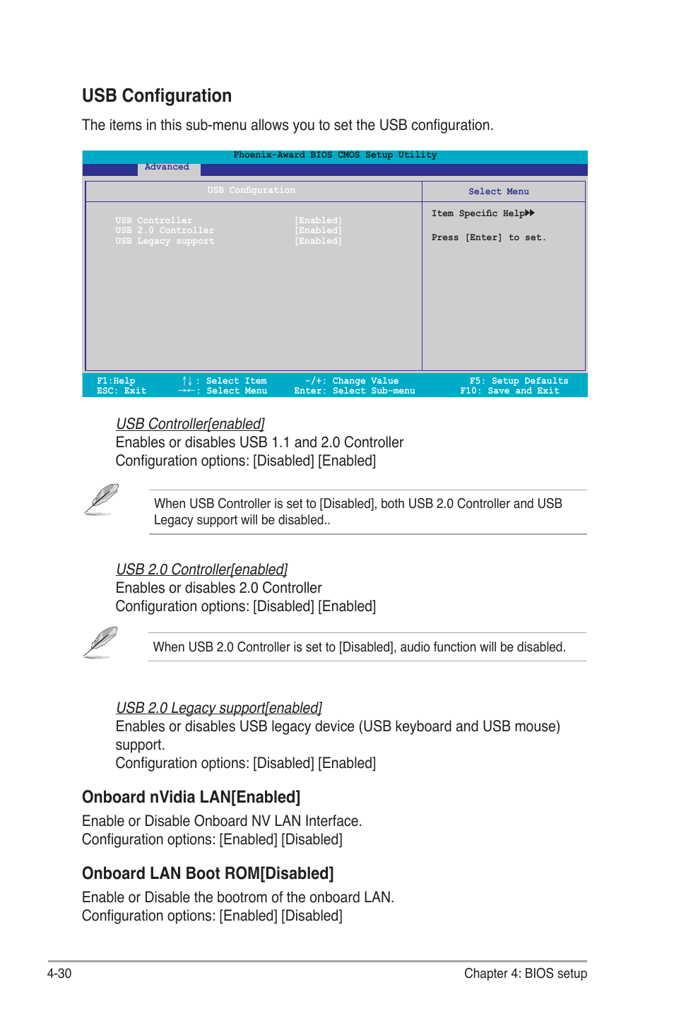 Usb configuration, Onboard nvidia lan[enabled, Onboard lan boot rom[disabled | Asus M2N-SLI User Manual | Page 90 / 146