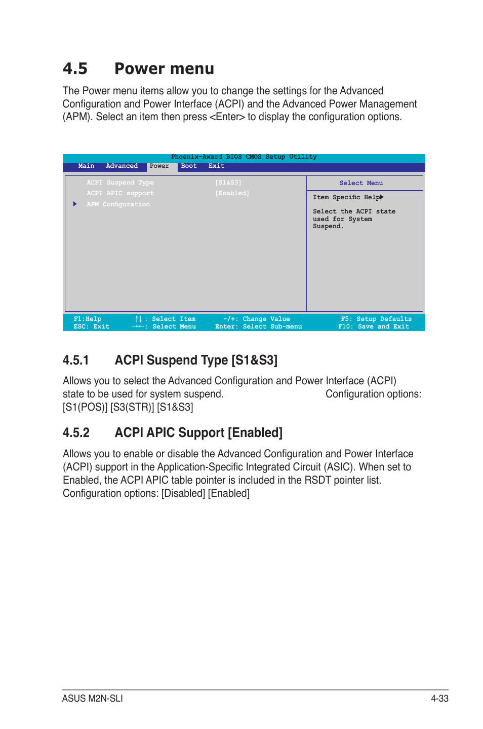 5 power menu, 1 acpi suspend type [s1&s3, 2 acpi apic support [enabled | Asus M2N-SLI User Manual | Page 93 / 146