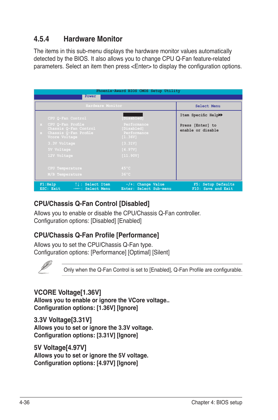 4 hardware monitor, Cpu/chassis q-fan control [disabled, Cpu/chassis q-fan profile [performance | Vcore voltage[1.36v, 3v voltage[3.31v, 5v voltage[4.97v | Asus M2N-SLI User Manual | Page 96 / 146