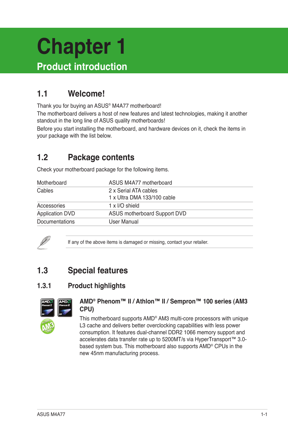 Product introduction, 1 welcome, 2 package contents | 3 special features, 1 product highlights, Welcome! -1, Package contents -1, Special features -1 1.3.1, Product highlights -1, Chapter 1 | Asus M4A77 User Manual | Page 11 / 62