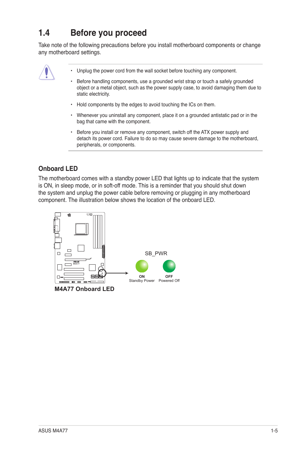 4 before you proceed, Before you proceed -5, Onboard led | Asus M4A77 User Manual | Page 15 / 62