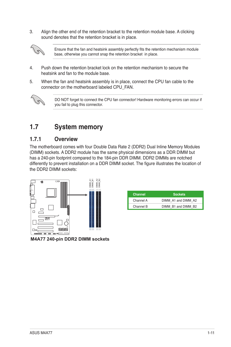 7 system memory, 1 overview, System memory -11 1.7.1 | Overview -11 | Asus M4A77 User Manual | Page 21 / 62